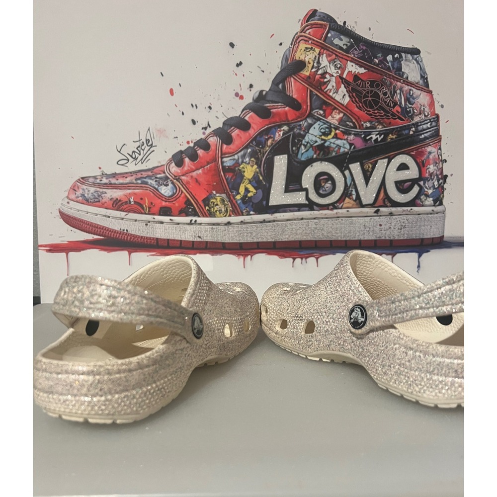 Crocs Classic Clog Kids Size 13 Silver Glitter Excellent Sparkly Slip On Shoes